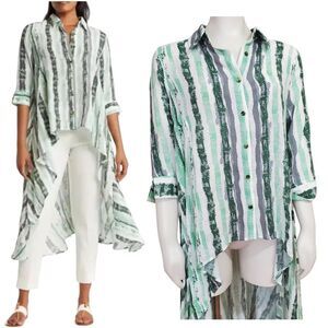PATRIZIA‎ LUCA MILANO High Low Lagenlook Shirt Dress Size L Green Stripe Duster